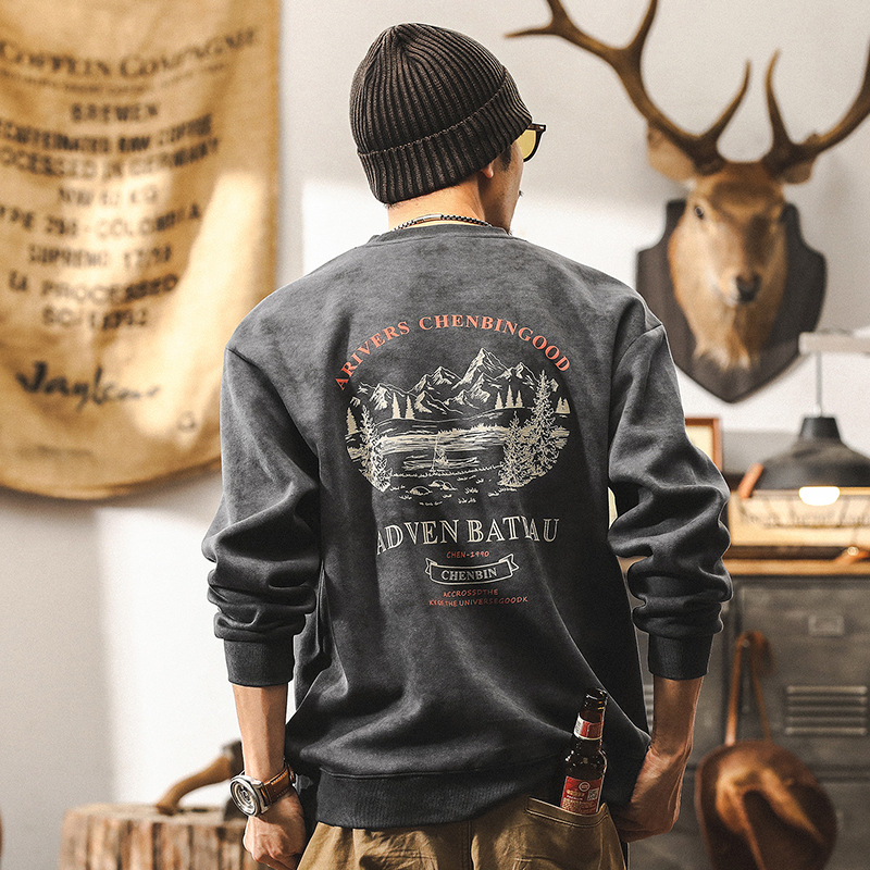 美式復古360g重磅圓領衛衣男春秋款潮牌寬鬆上衣男士印花體恤男款