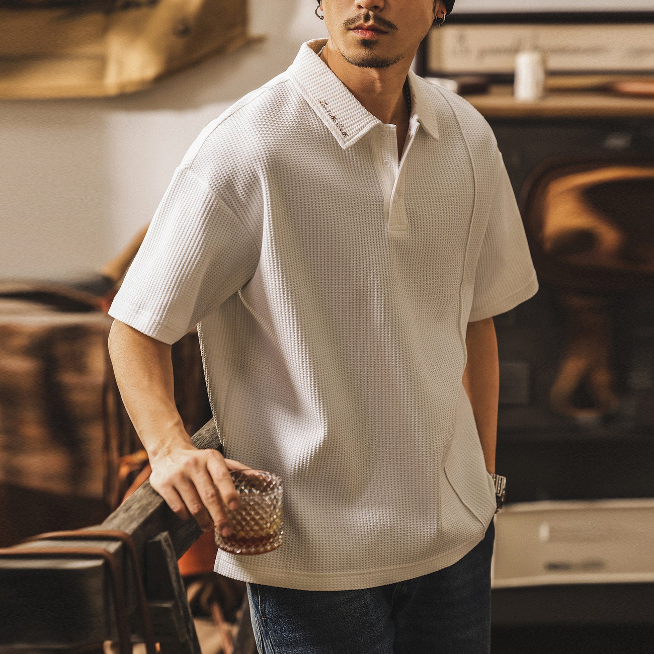 美式復古華夫格Polo衫短袖男夏季2026新款潮牌寬鬆休閒翻領T恤男