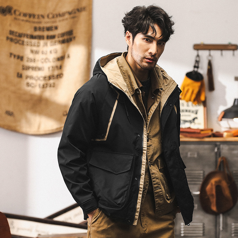 美式復古工裝外套男秋季山系戶外機能連帽衝鋒衣男士潮流休閒夾克