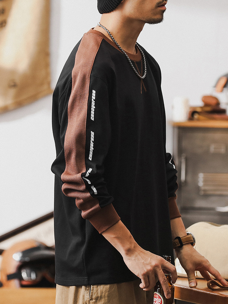 傑雷諾美式複古撞色拼接長袖t恤男潮牌寬松休閑上衣秋季男裝