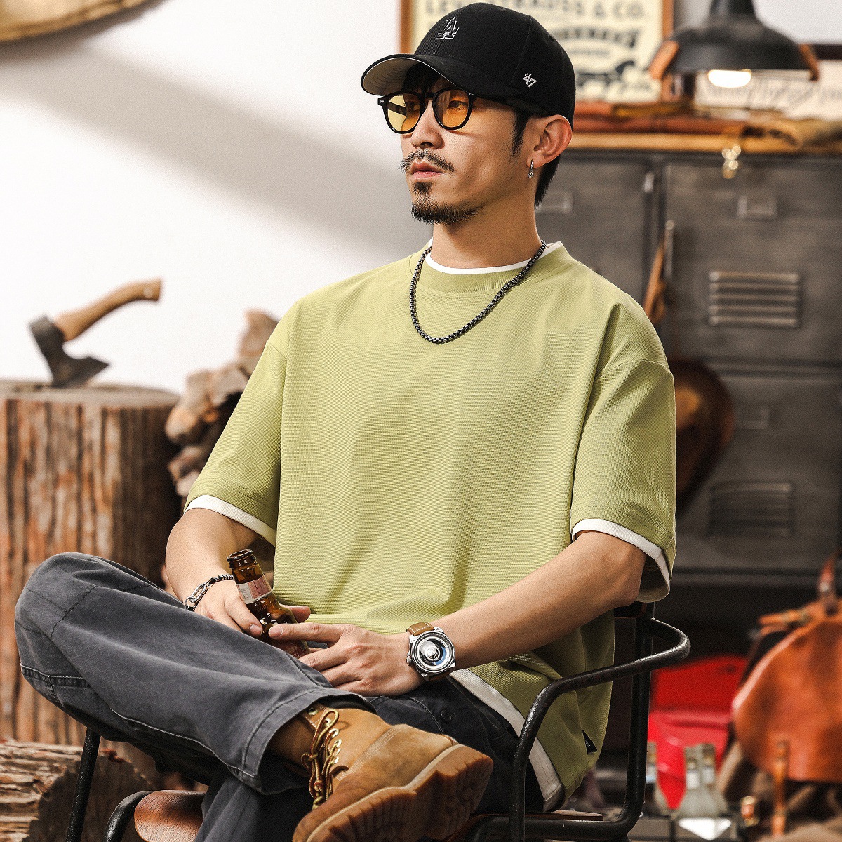 32支華夫格肌理感短袖男款夏季索羅娜涼感T恤男寬鬆假兩件上衣男