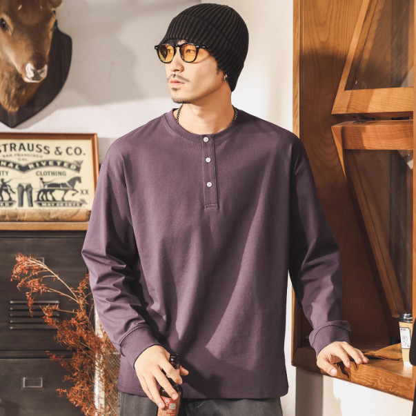 美式復古亨利領t恤男長袖秋季2025新款潮流上衣男寬鬆休閒polo衫