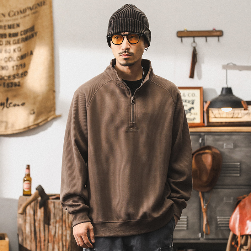 美式復古磨毛條紋針織重磅衛衣男秋季新款潮牌寬鬆肌理感休閒上衣