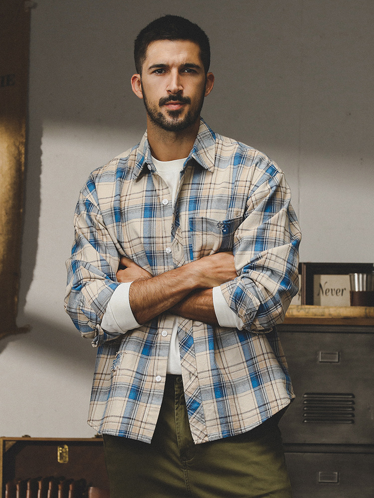 美式復古重磅磨毛格子襯衫男2024春季新款美拉德寬鬆帥氣長袖襯衣