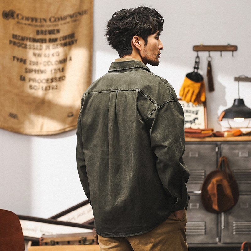 美式復古軍綠色工裝外套男春秋2024新款獵裝夾克男秋季長袖襯衫男