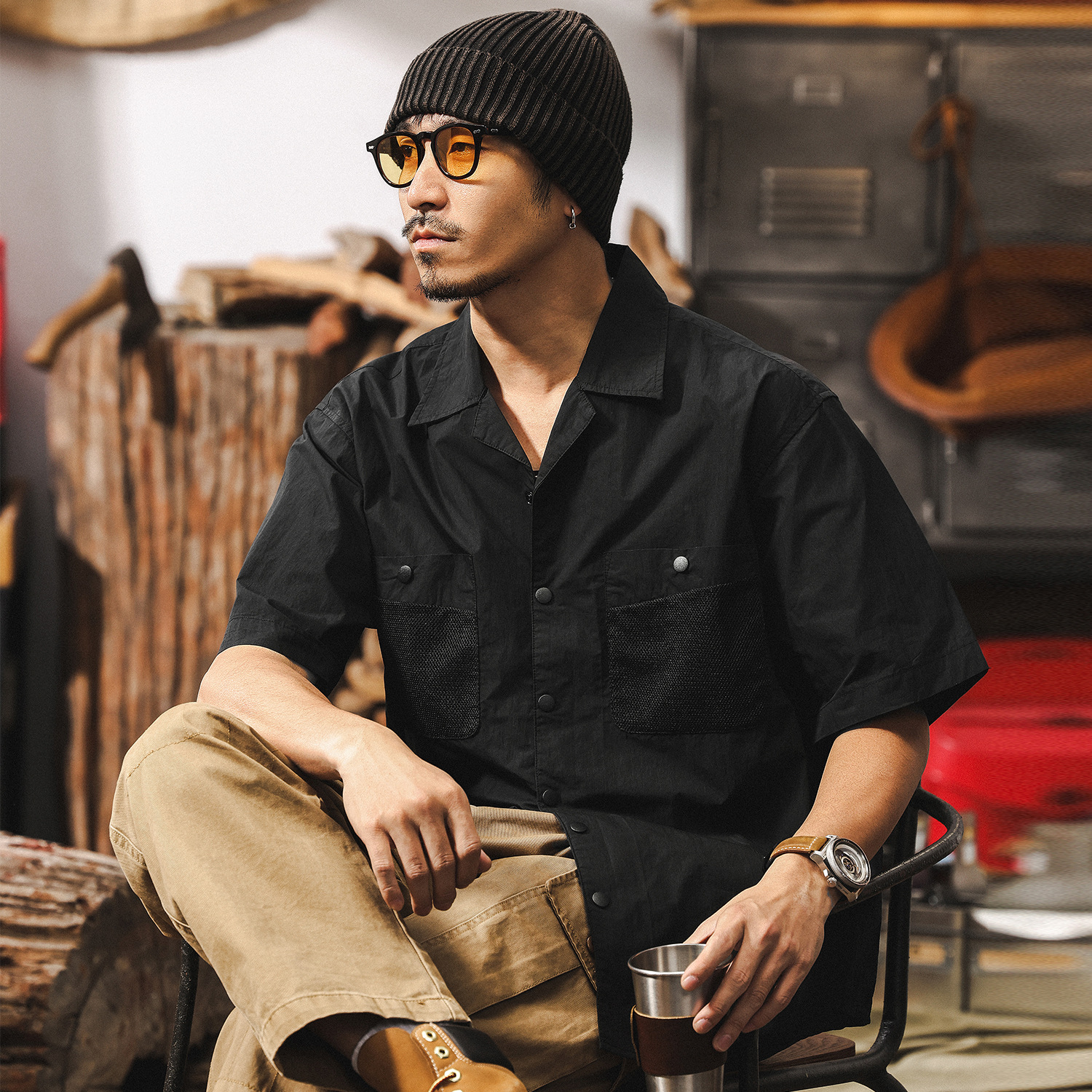 古巴領襯衫男短袖夏季2025新款美式復古潮牌戶外機能寬鬆工裝襯衣