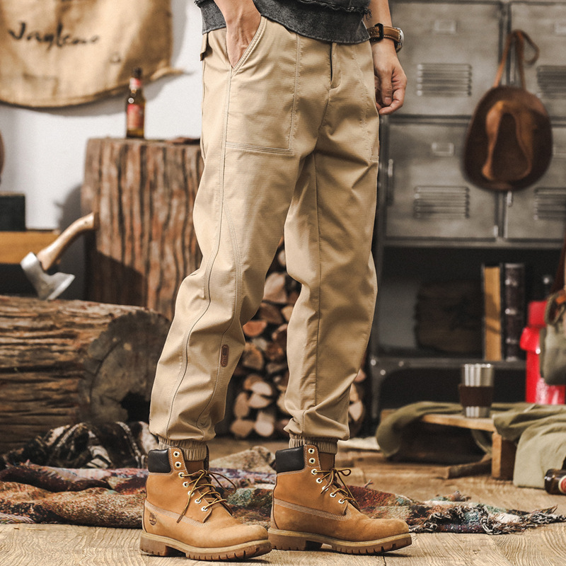 卡其色工裝褲子男款秋季2025新款美式復古潮牌寬鬆束腳男士休閒褲