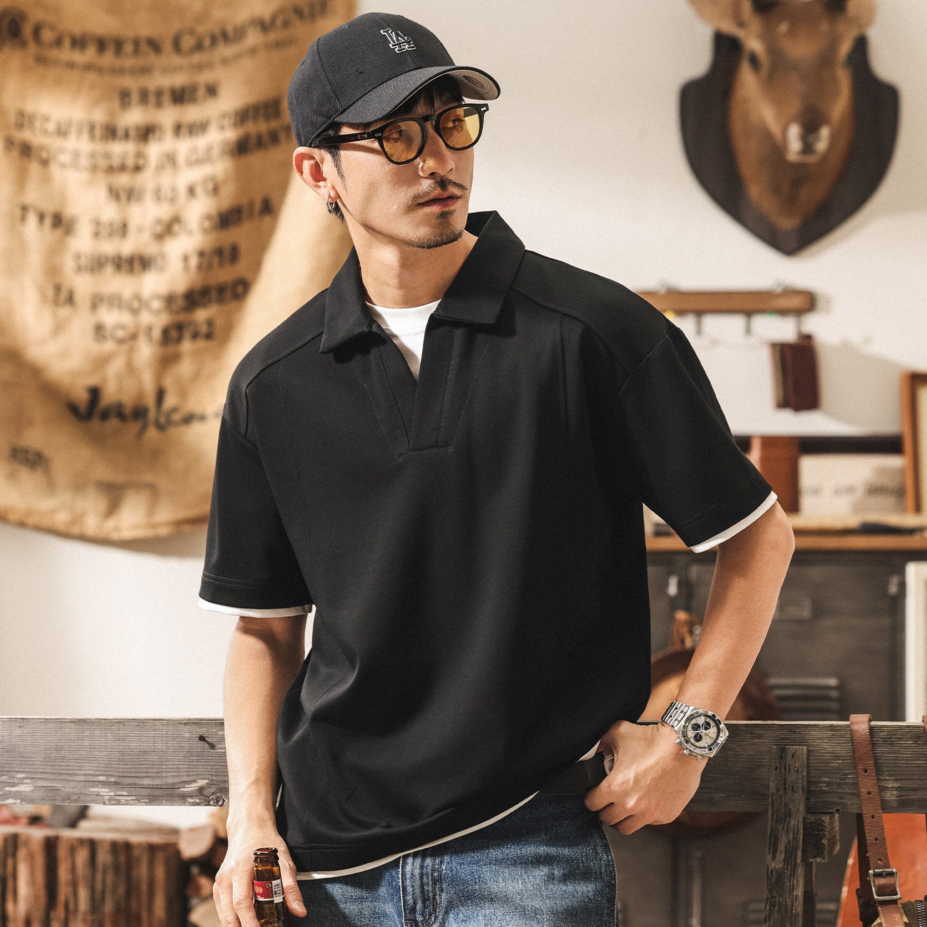 美式復古假兩件果凍棉涼感短袖Polo衫男夏季新款潮牌寬鬆男士T恤