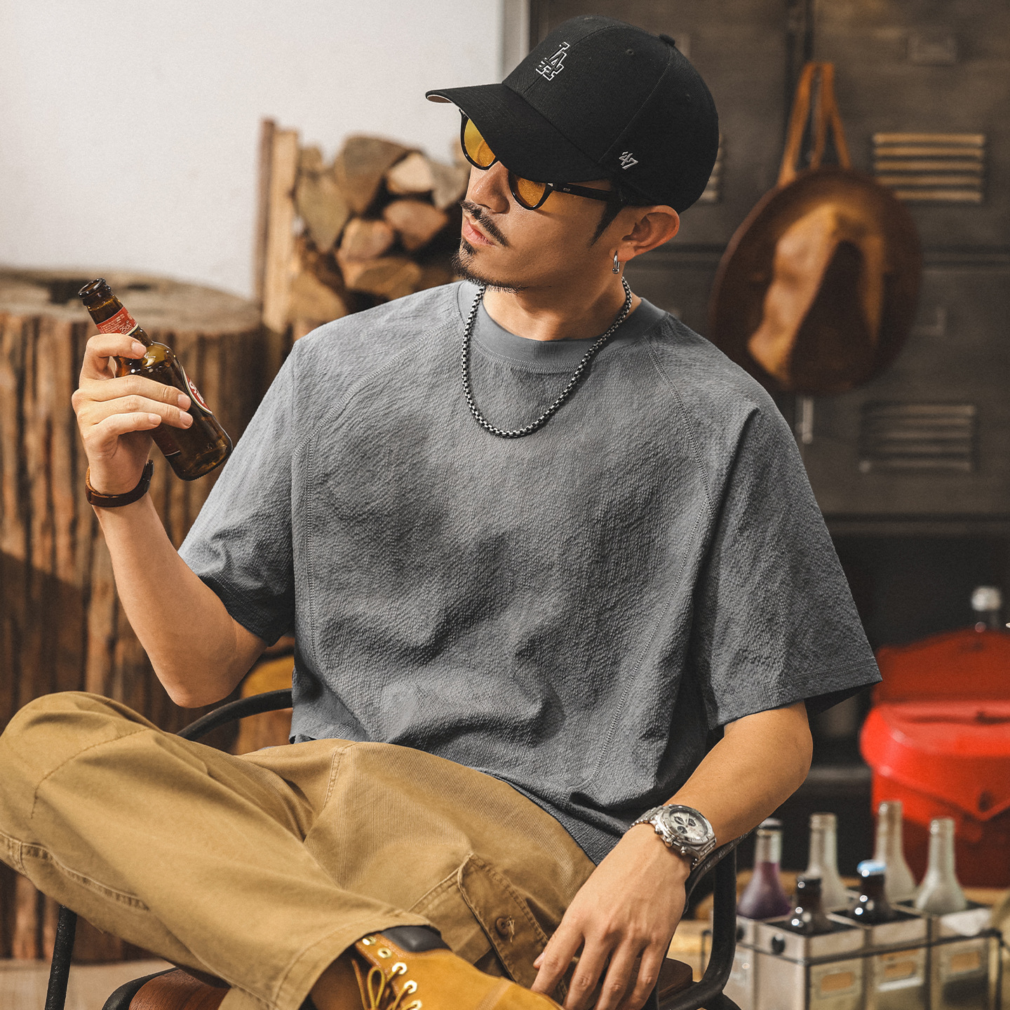 美式拼接短袖T恤男夏季新款潮牌日系復古寬鬆休閒薄款速幹上衣男