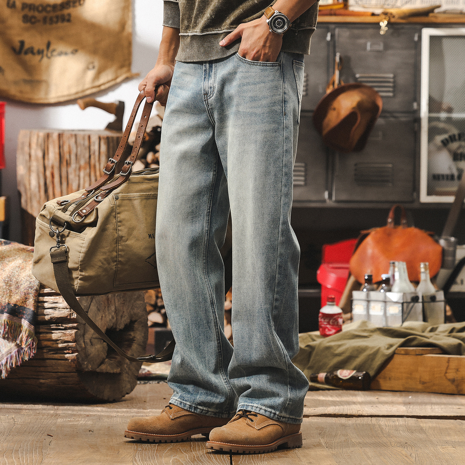 美式復古冰川藍微喇牛仔褲男寬鬆直筒2025年新款淺色休閒男士褲子