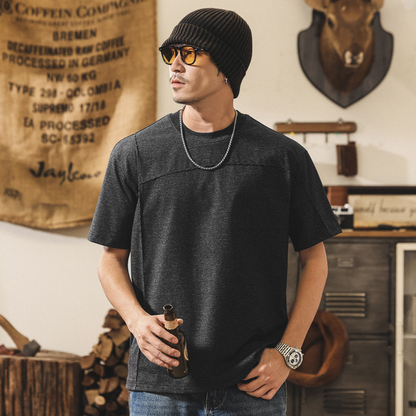 美式復古紡鹽棉短袖男士T恤夏季潮牌男裝半袖新款寬鬆休閒上衣男