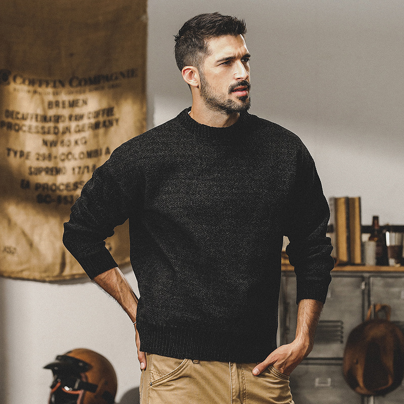 美式經典黑色加絨毛衣男冬季厚款寬鬆潮牌簡約百搭基礎打底針織衫