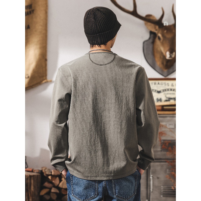 美式復古重磅T恤男長袖春秋款寬鬆圓領衛衣潮牌硬漢亨利領polo衫