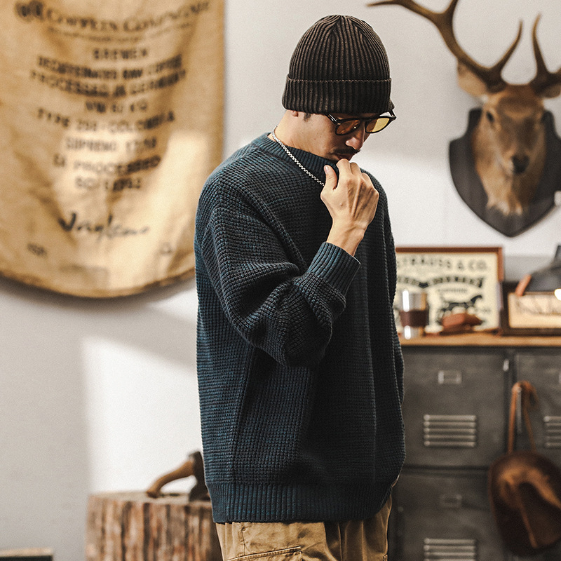 美式復古重磅毛衣男冬季加厚潮牌線衫男日系慵懶風寬鬆休閒針織衫