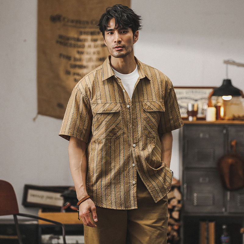 杰雷諾美式潮牌短袖襯衫男士條紋寬鬆夏季夏威夷休閒工裝襯衣男裝