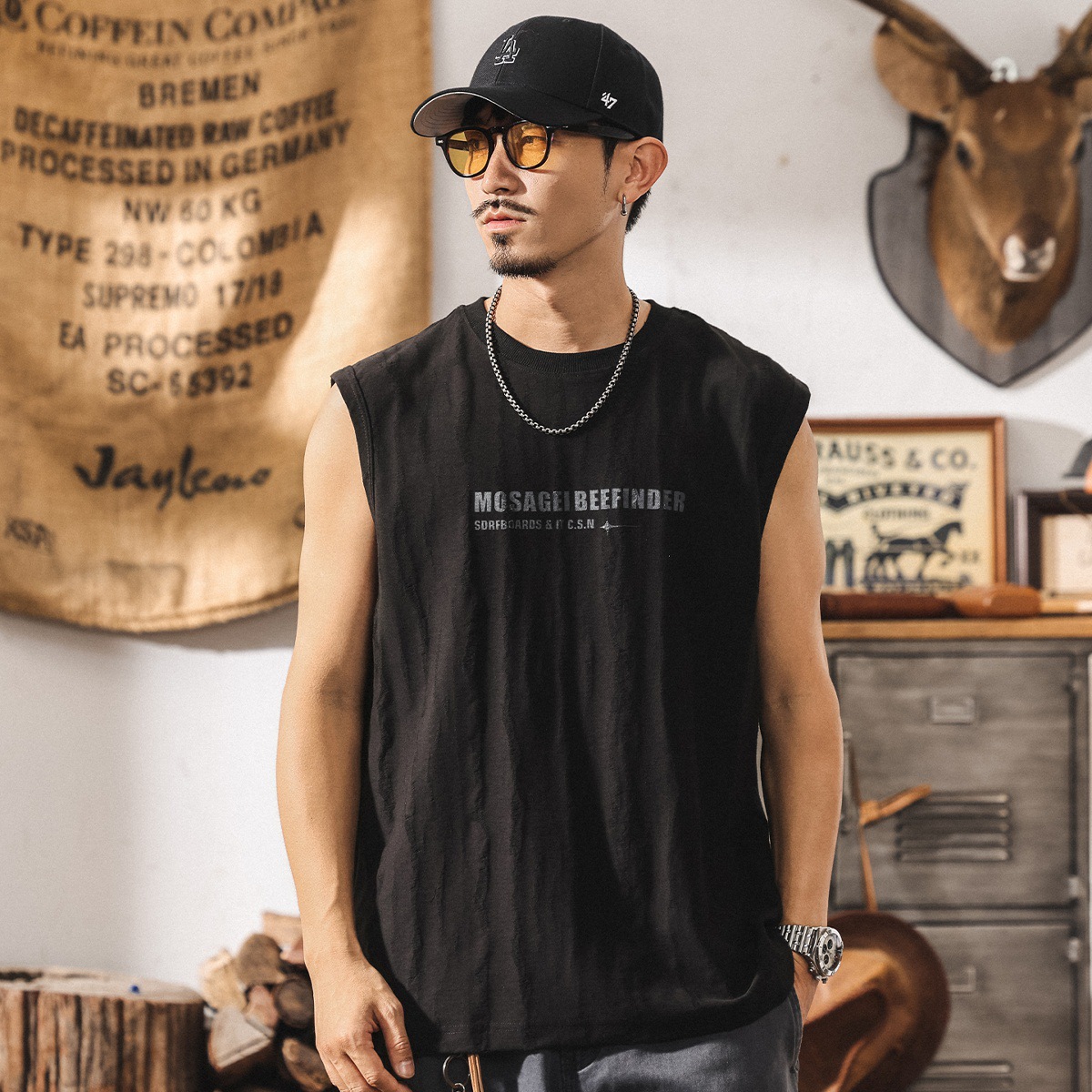 鉤花戰損潮流坎肩男士背心2025新款夏季薄款寬鬆大碼男生美式t恤