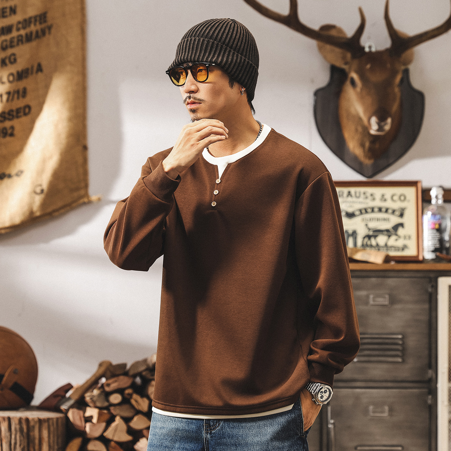 美式復古亨利領假兩件t恤男長袖春秋新款潮牌重磅衛衣寬鬆上衣男