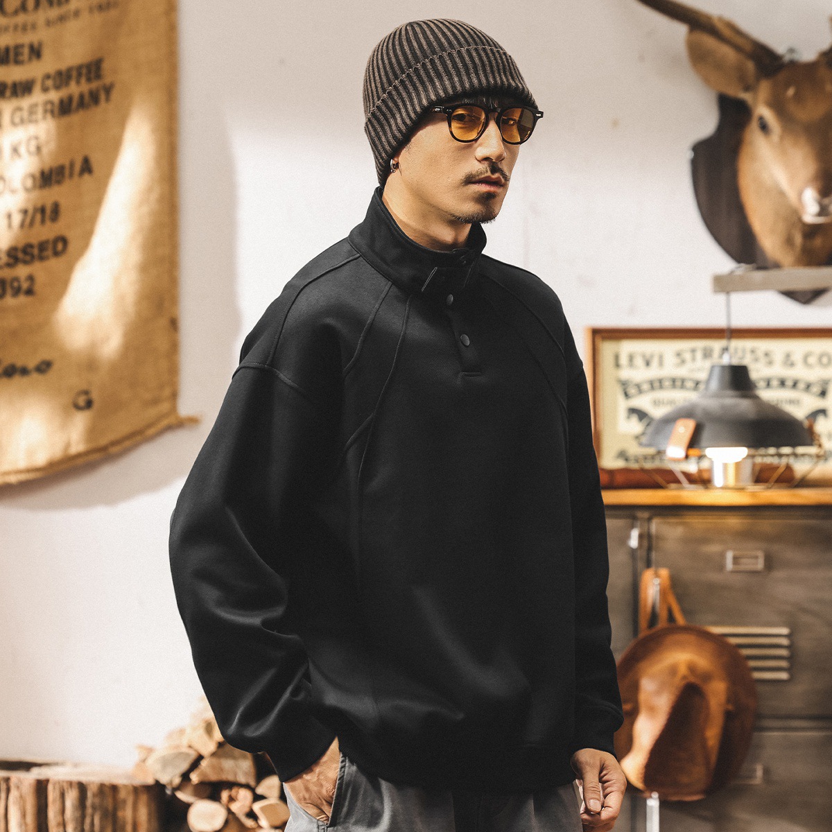 美式復古酒紅色半高領重磅衛衣男春秋新款潮牌寬鬆潮流休閒上衣男