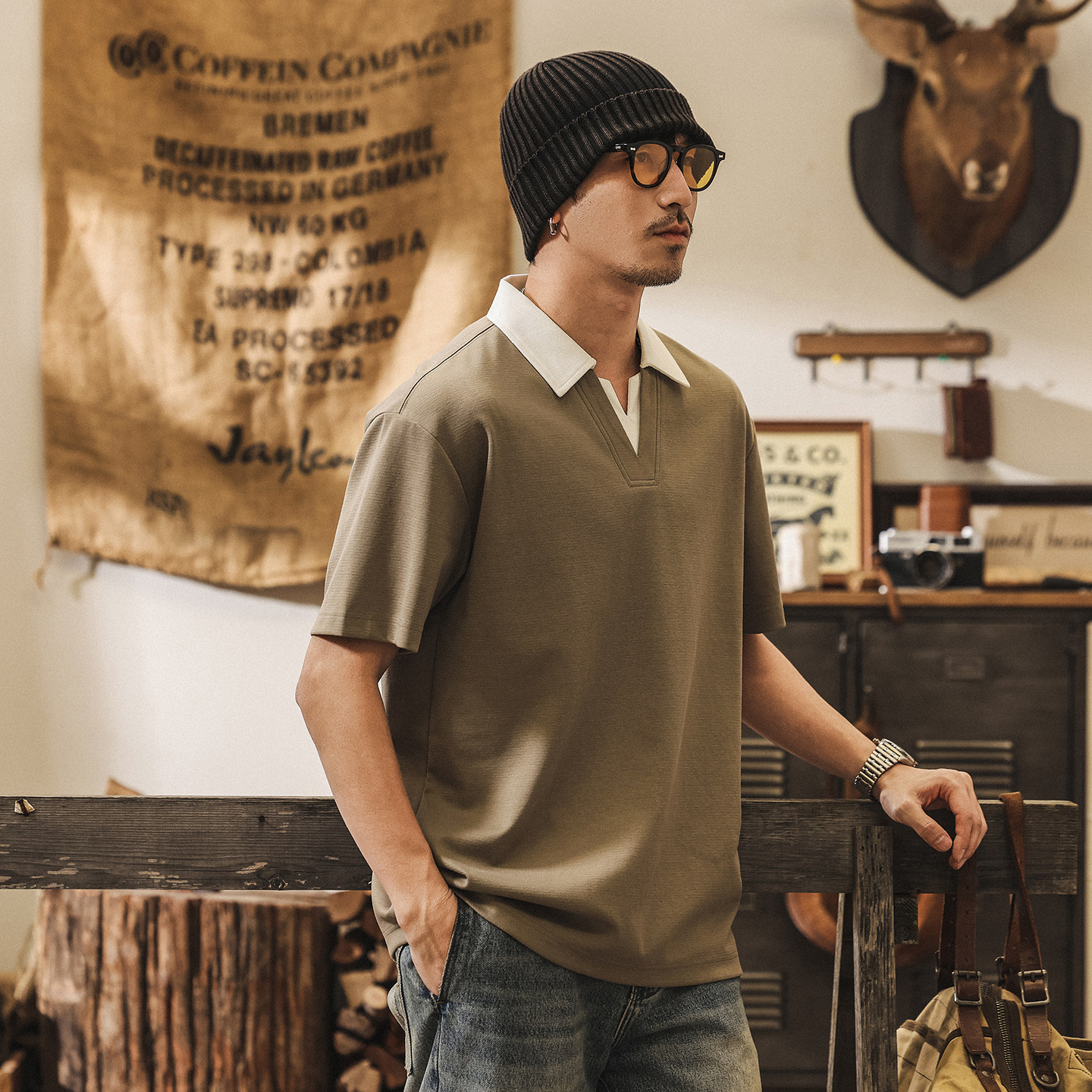 美式復古短袖T恤男夏季2026新款寬鬆假兩件polo衫男潮牌半袖上衣