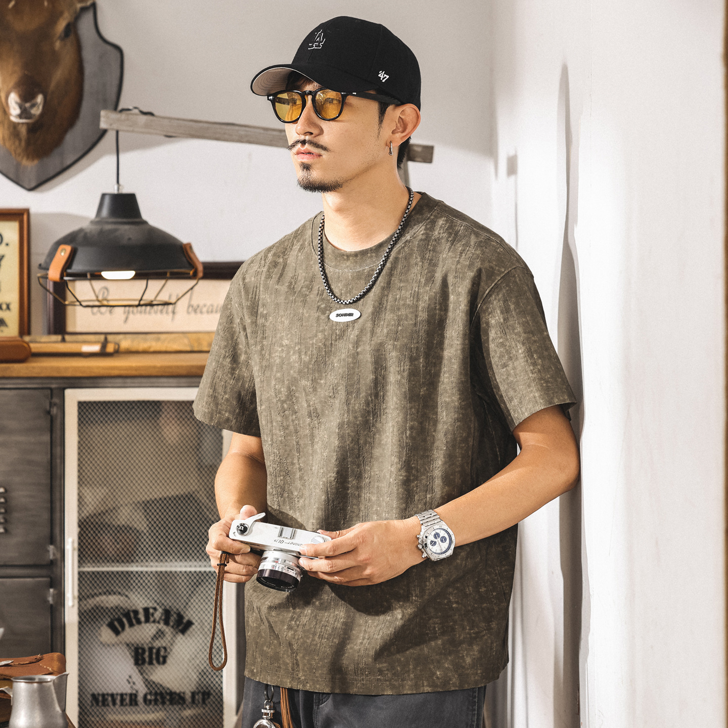 夏季新款高級感提花短袖t恤男美式潮流設計寬鬆休閒半袖男士上衣