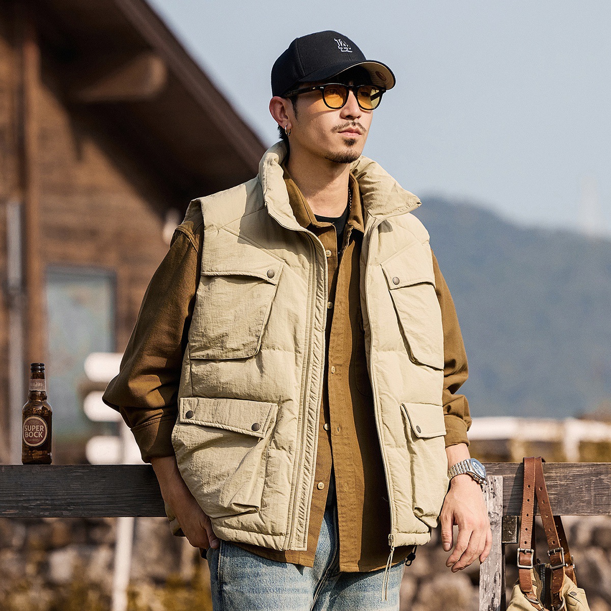 美式復古90%絨工裝羽絨馬甲男冬季山系戶外機能風保暖羽絨服外套