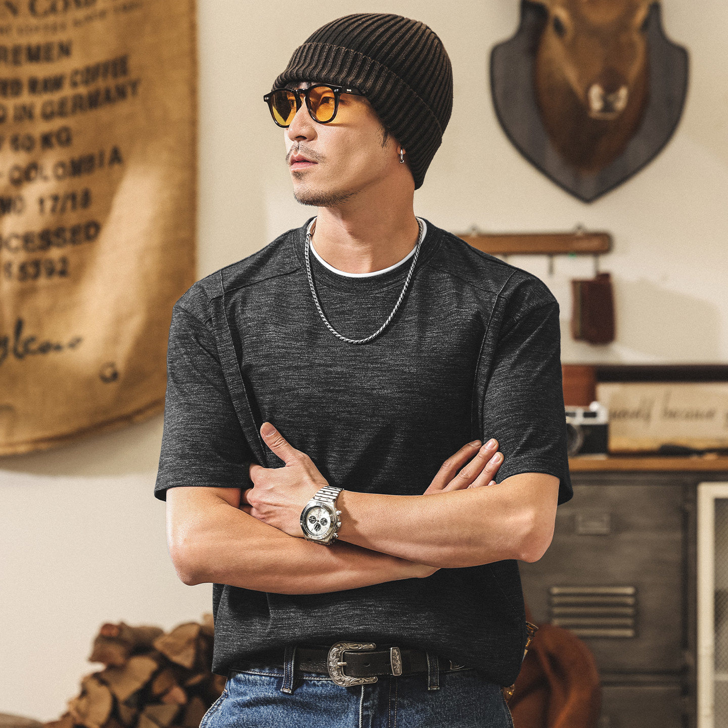 美式復古重磅假兩件男士短袖T恤夏季新款親膚花紗潮流寬鬆上衣男