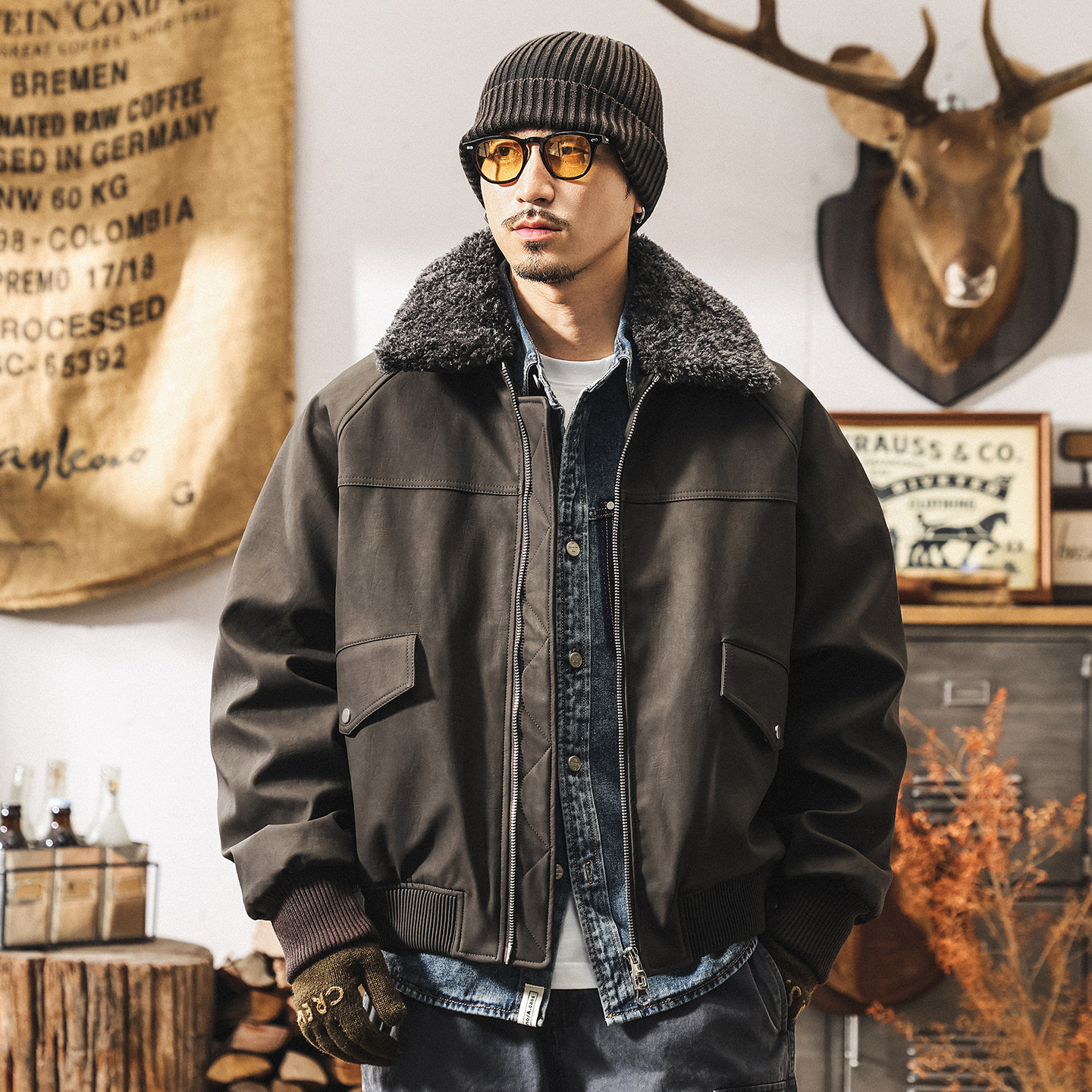 美式復古90%純白鴨絨毛絨領羽絨服男冬季潮牌機車皮衣羽絨外套男