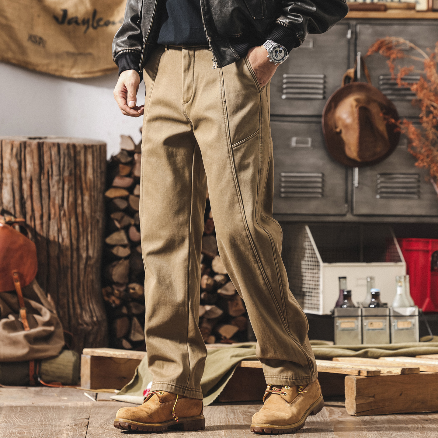 美式復古加絨工裝褲子男士新款冬季加厚潮牌水洗寬鬆直筒休閒長褲