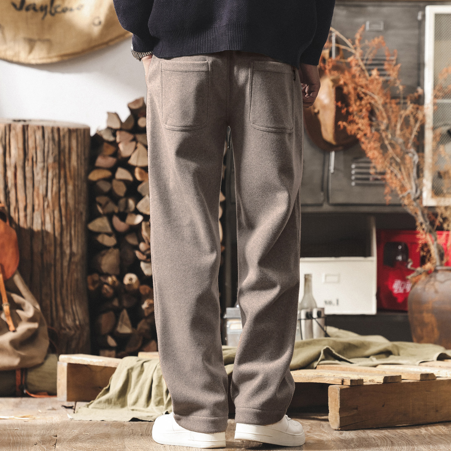 美式復古輕奢綿羊毛褲子男冬季加厚寬鬆男士休閒褲直筒加絨衛褲男