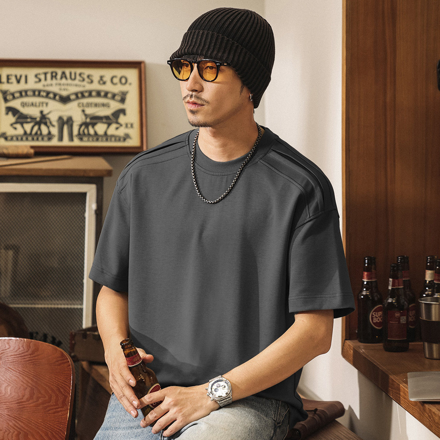 7A抗菌涼感果凍棉短袖T恤男夏季拼接解構潮流寬鬆休閒美式上衣男