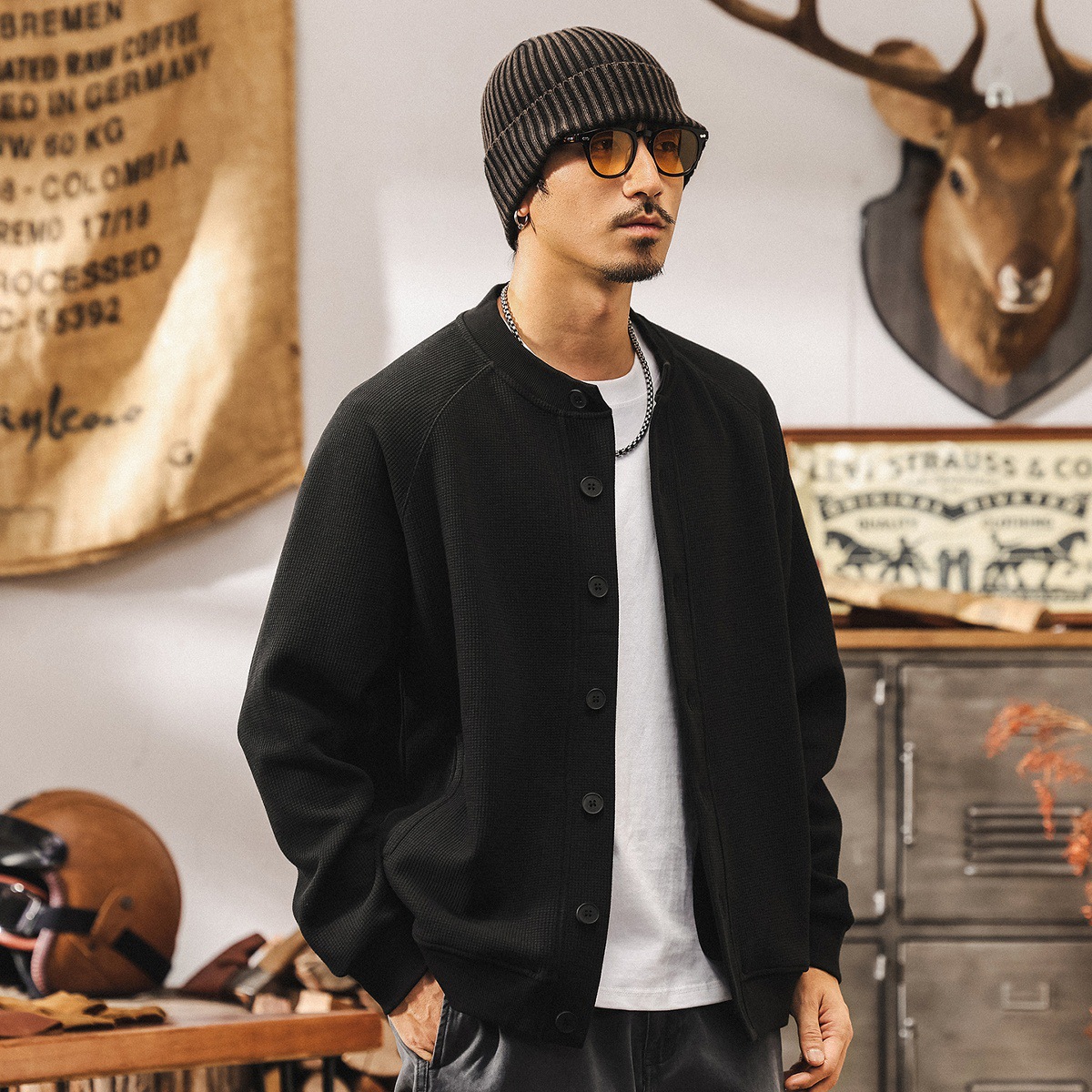 美式復古華夫格開衫衛衣男士外套春秋潮牌2025新款寬鬆休閒上衣