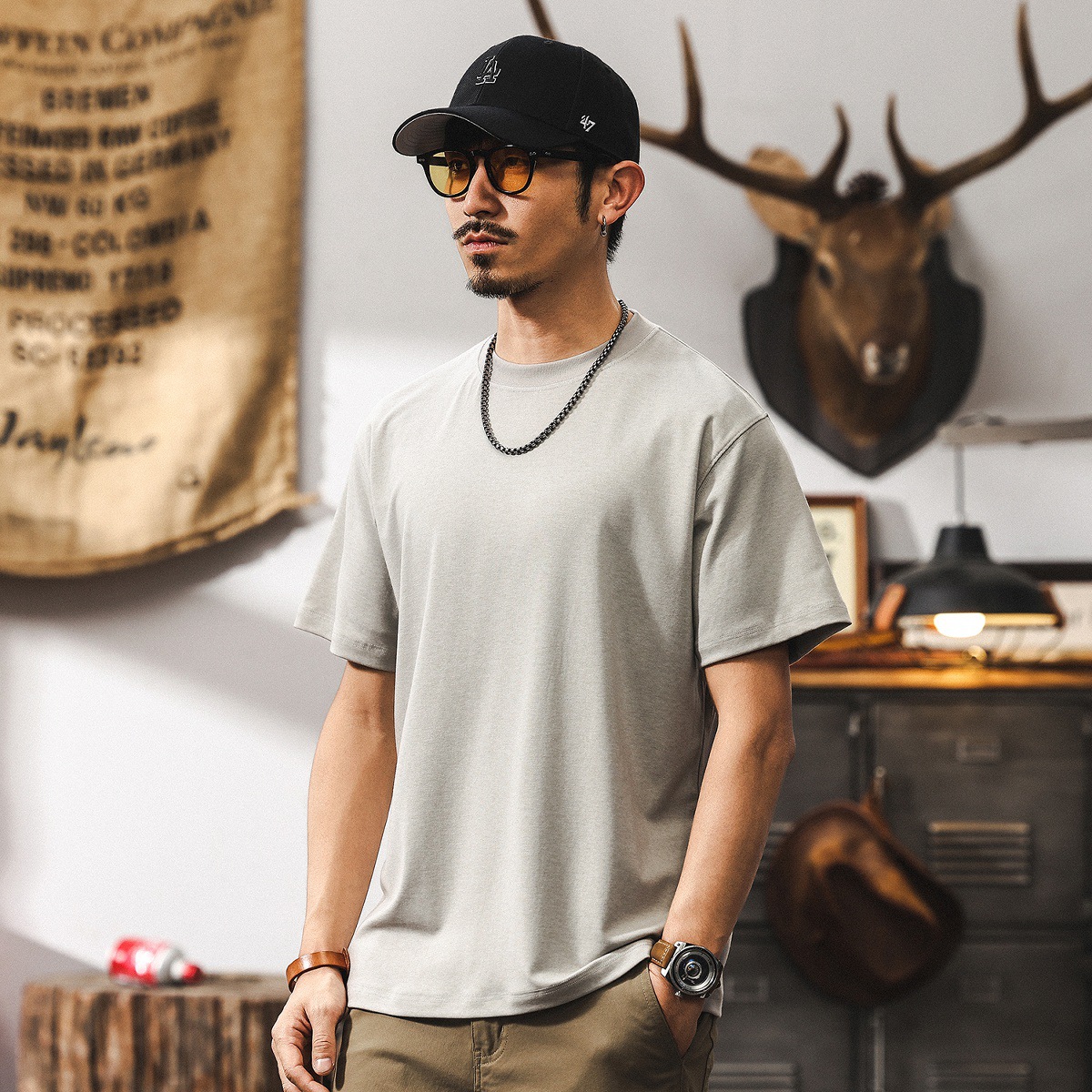 澳洲美莉諾羊毛萊賽爾短袖T恤男夏季美式復古高級感純色百搭上衣