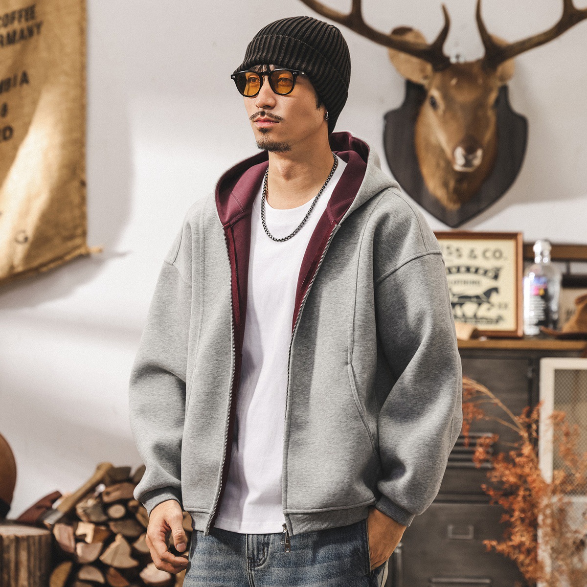 美式復古重磅開衫連帽衛衣男春秋新款雙拉鍊外套男士秋冬寬鬆上衣