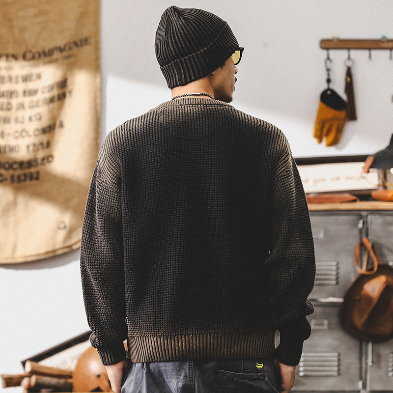 美式重磅毛衣男冬季加厚慵懶風復古噴染水洗秋冬款男士針織衫外套