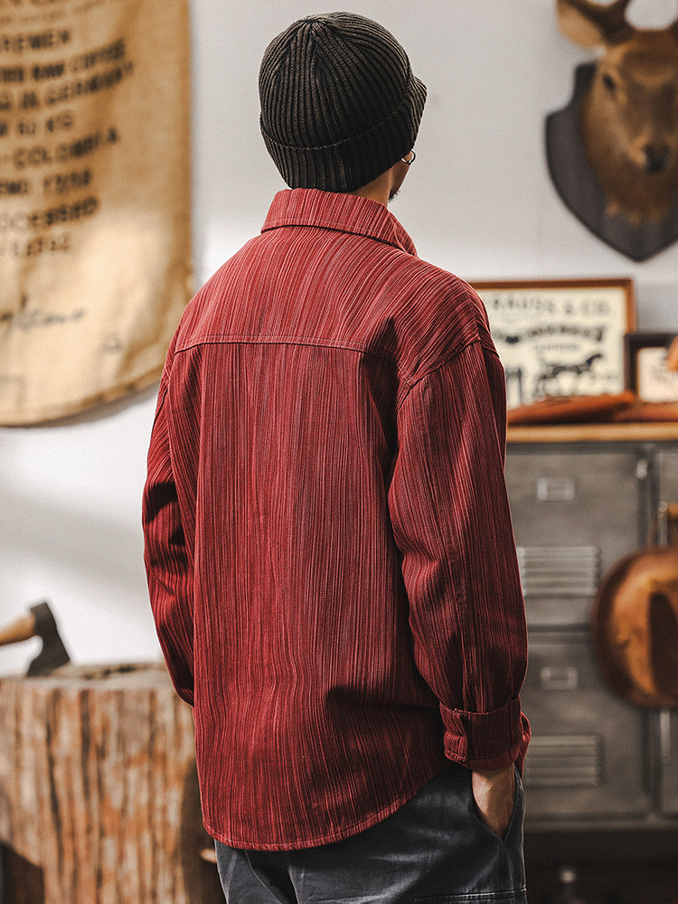 美式復古紅色竹節紋襯衫男長袖春季2025新款寬鬆潮牌休閒襯衣外套