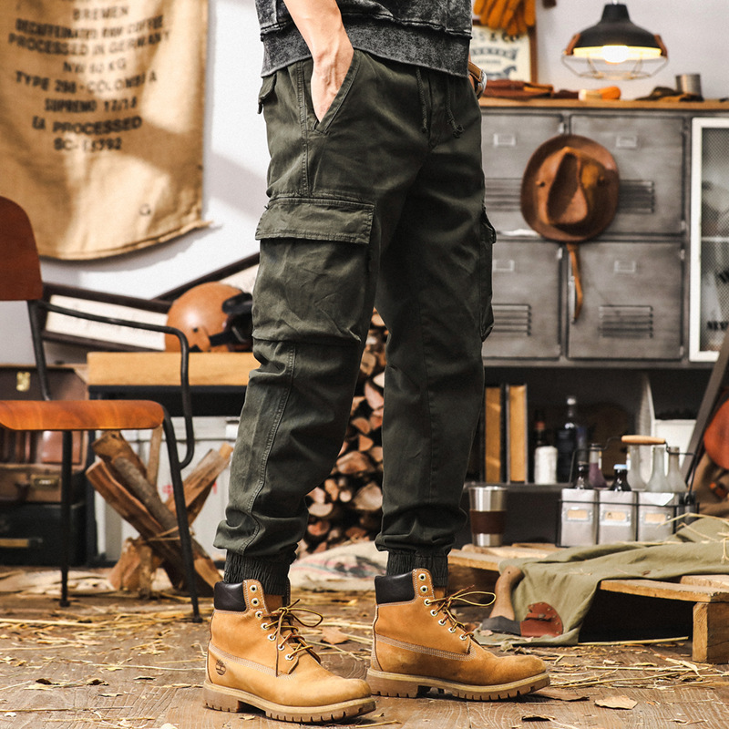 美式復古紫色工裝褲男寬鬆潮牌秋季多口袋束腳城市戶外通勤休閒褲