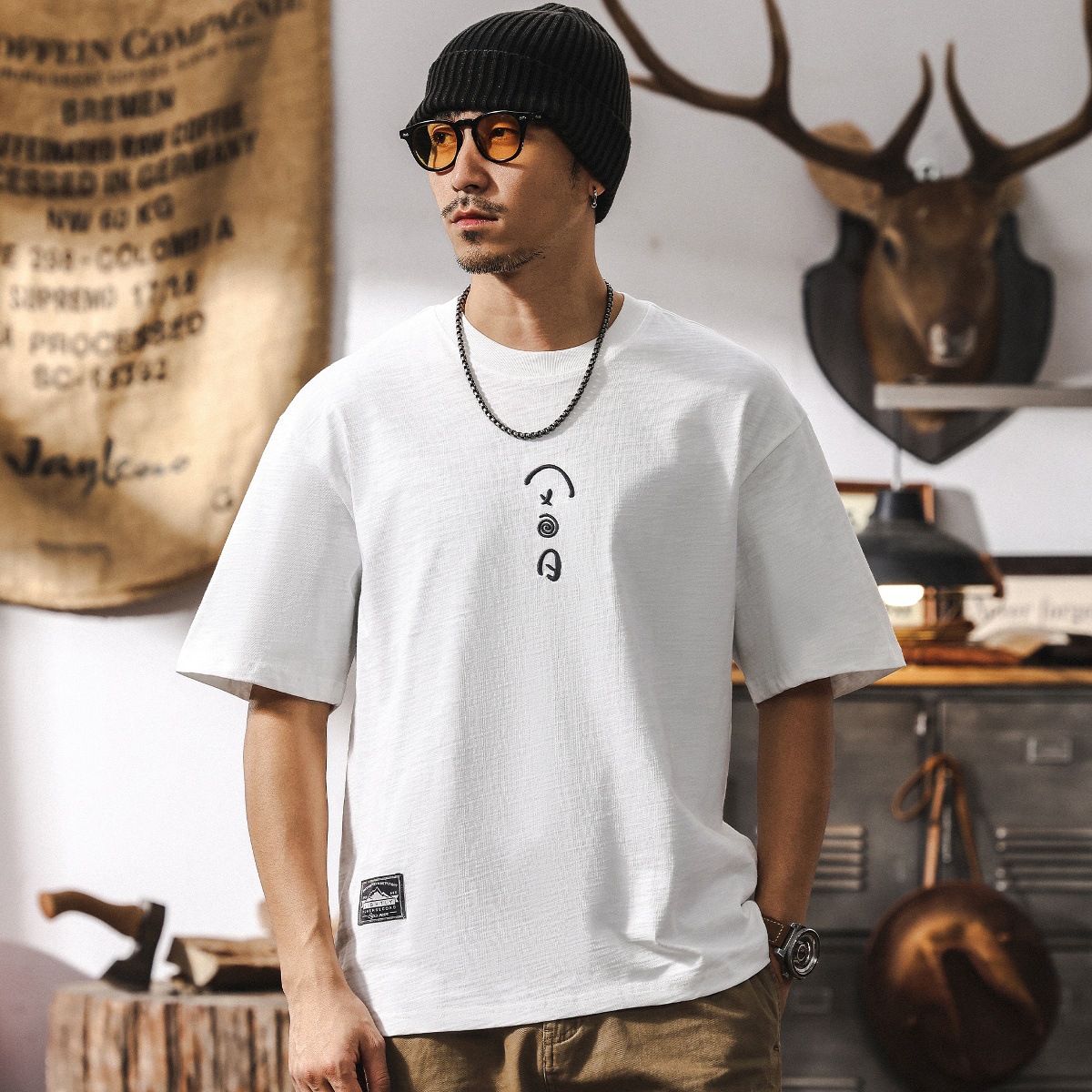 美式復古重磅竹節棉短袖T恤男夏季2025新款潮牌簡約刺繡休閒上衣T