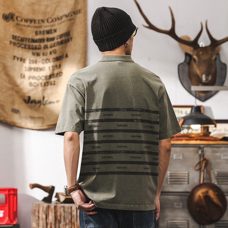 美式重磅復古polo衫短袖男夏季T恤2025新款潮牌做舊條紋寬鬆上衣T