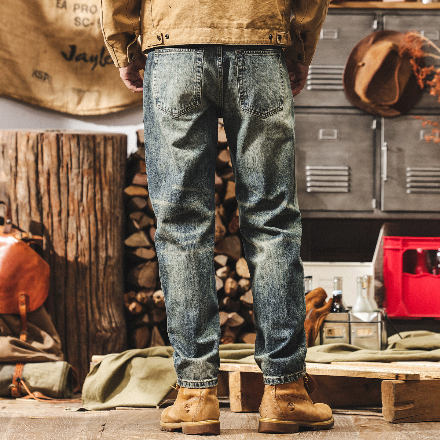 美式12.5盎司重磅牛仔褲男寬鬆直筒復古黃泥染水洗秋冬休閒長褲子