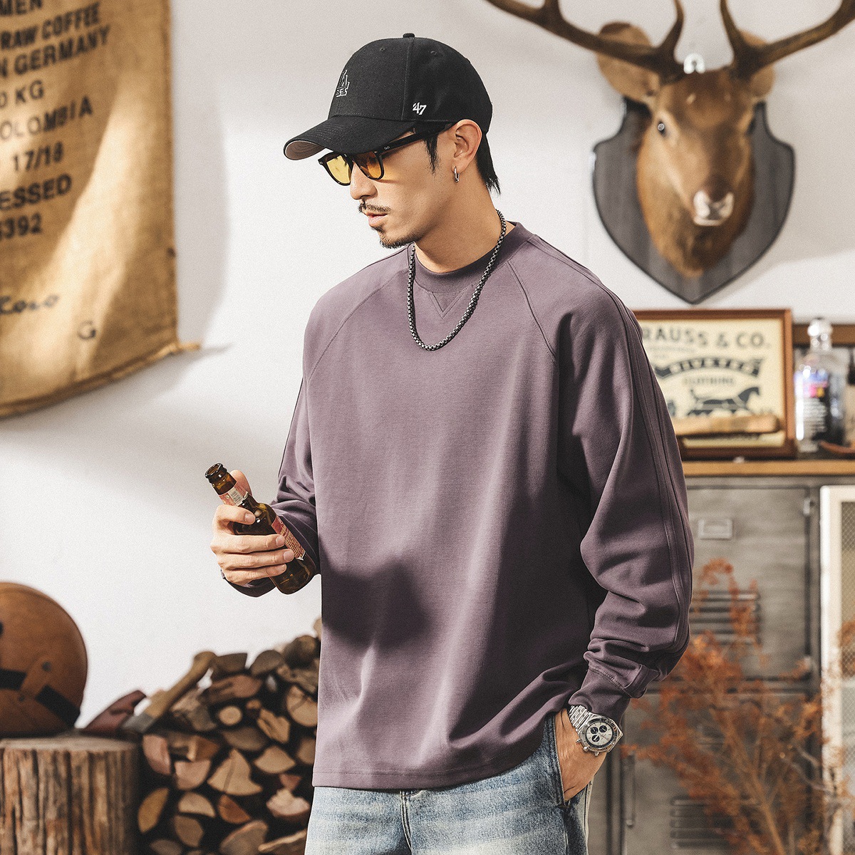 美式復古紫色衛衣男春秋新款簡約潮流300g重磅T恤男長袖寬鬆上衣