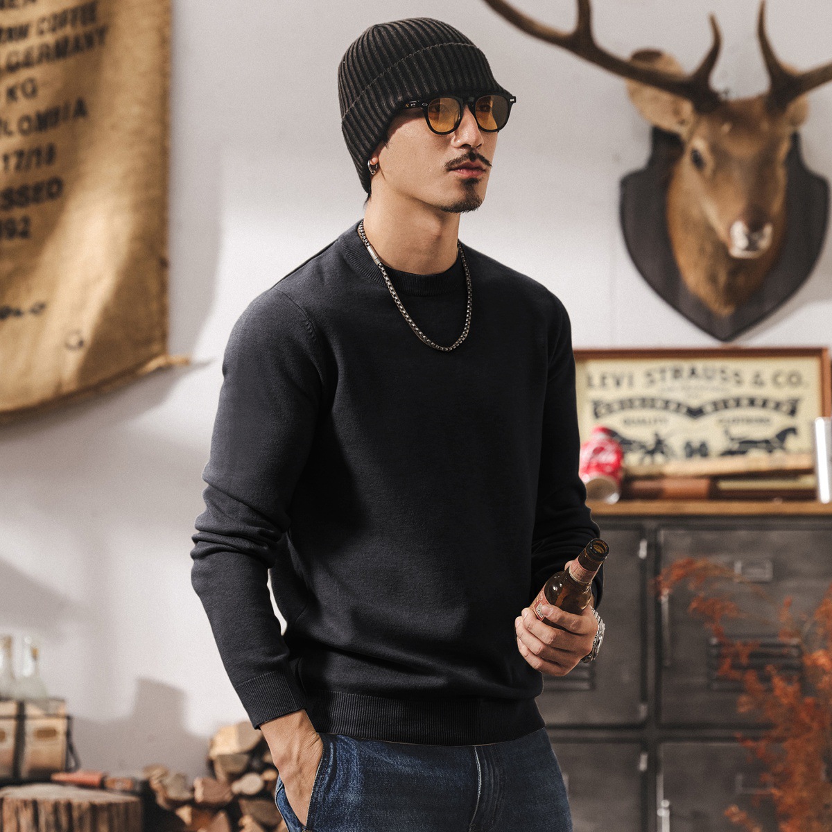 美式復古毛衣男秋冬新款潮牌保暖純色休閒內搭上衣男士針織打底衫