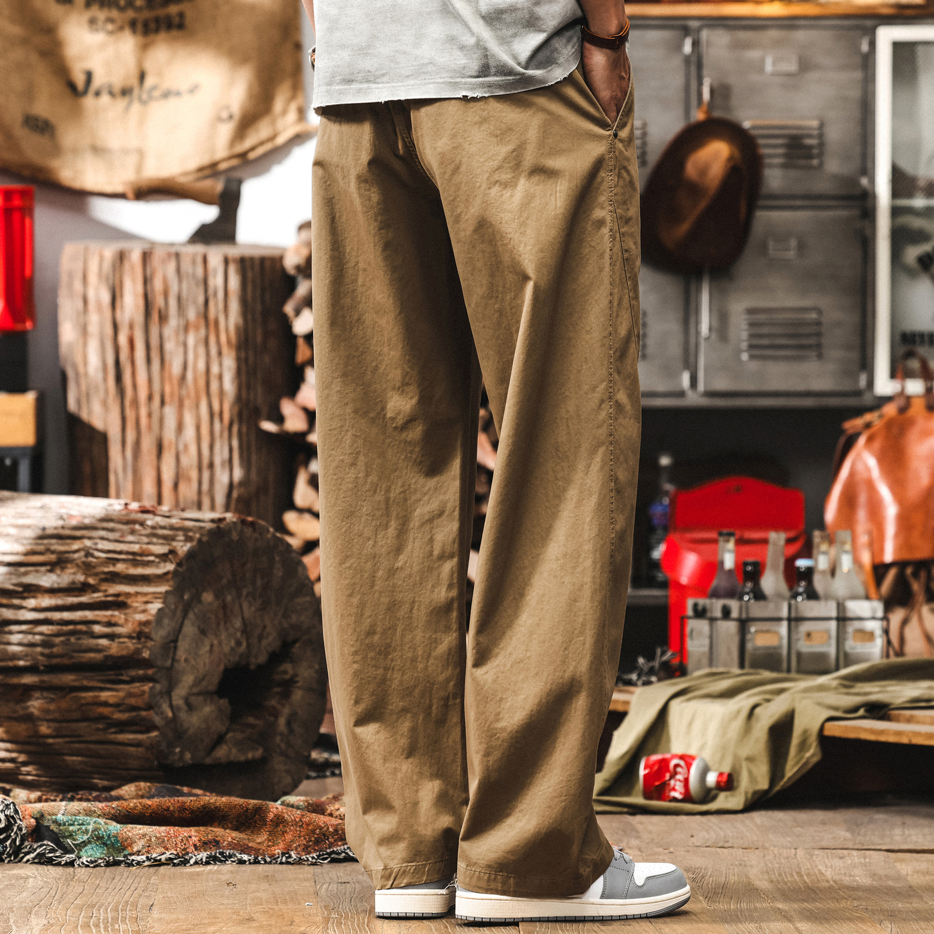 美式復古工裝褲子男春季2025新款簡約百搭卡其色休閒褲男直筒長褲
