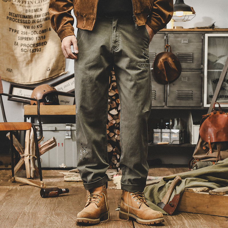 美式休閑長褲子男秋季潮牌2024新款洗褪潑墨寬松直筒工裝褲男