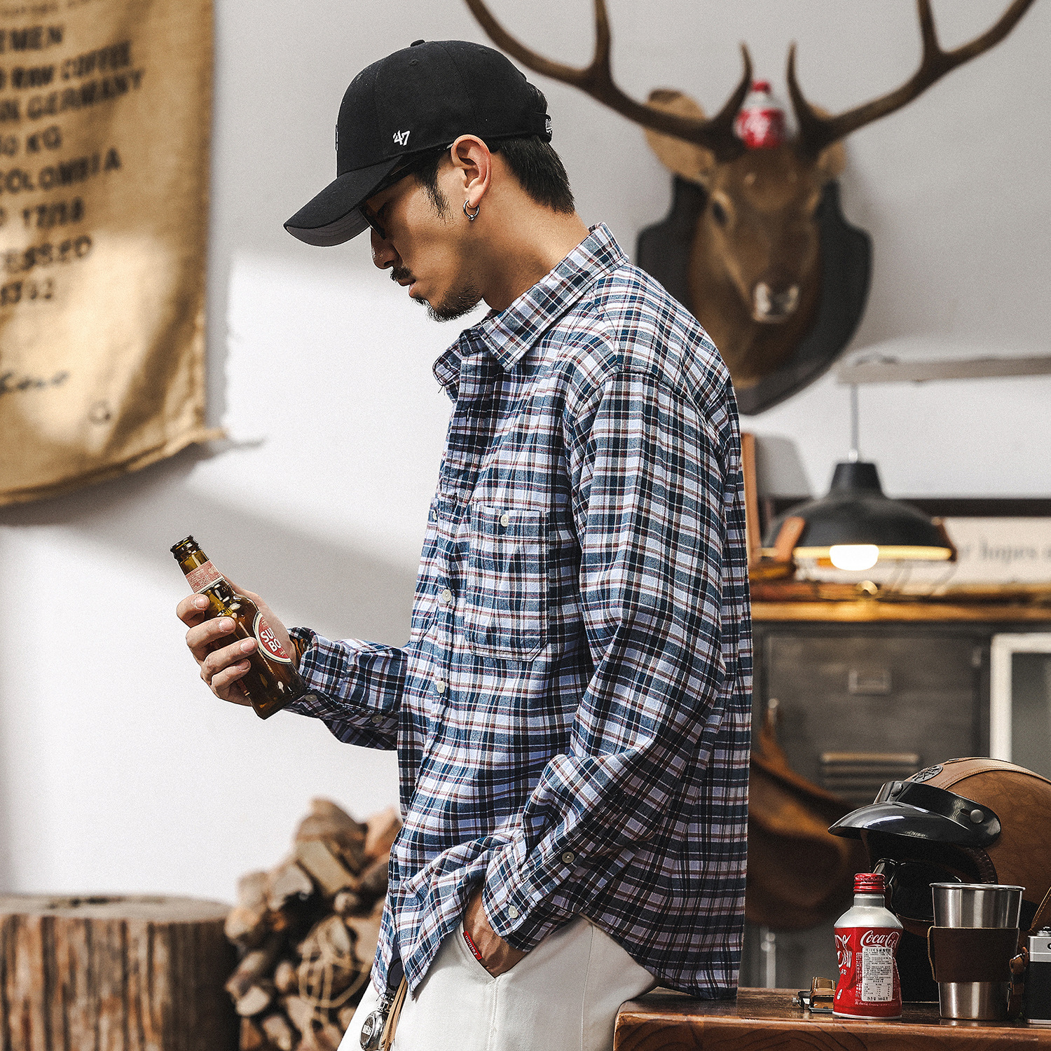 美式復古格子襯衫男長袖春季2025新款日系寬鬆潮流休閒襯衣男上衣