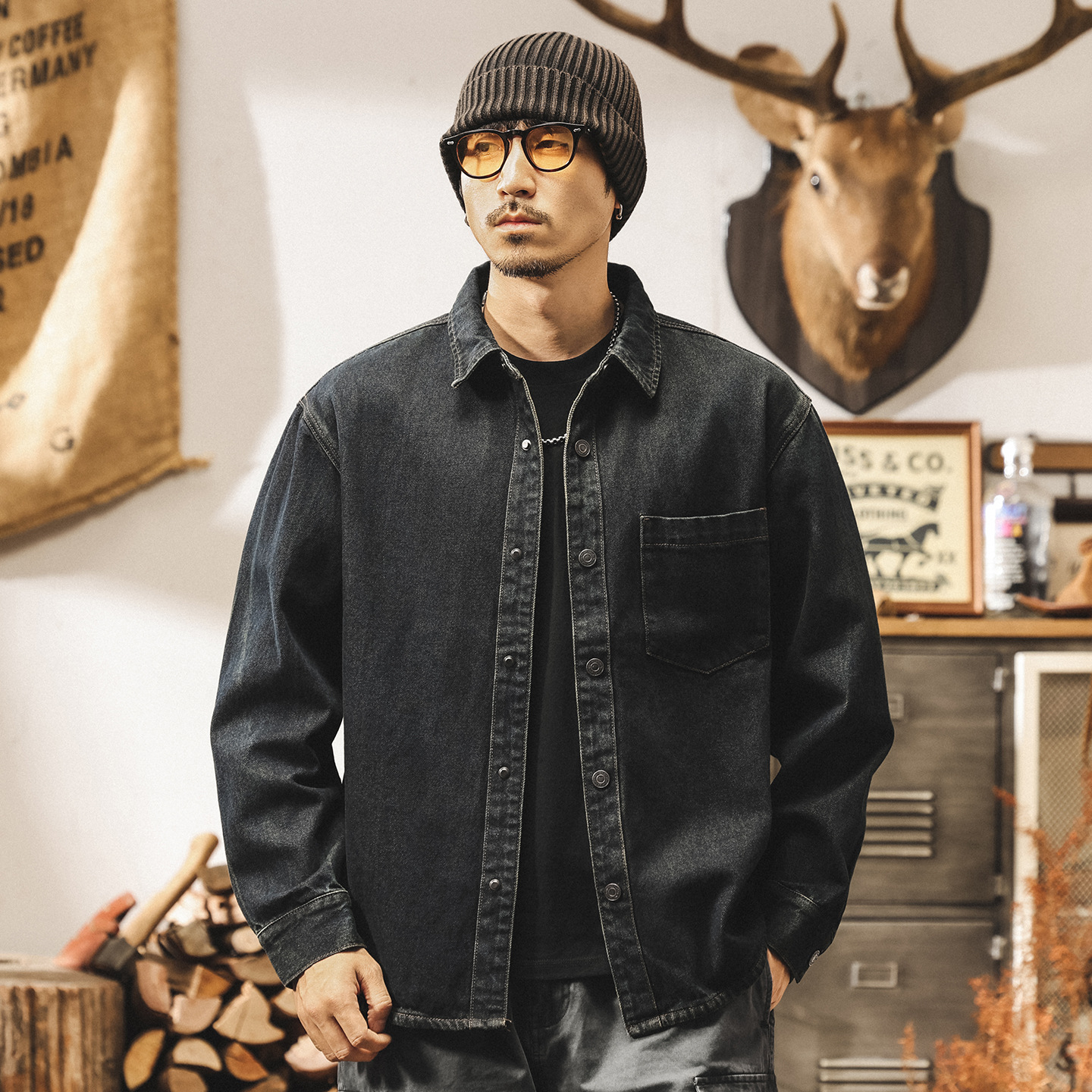 美式復古做舊酵素水洗牛仔外套男春秋寬鬆工裝襯衫男長袖休閒襯衣