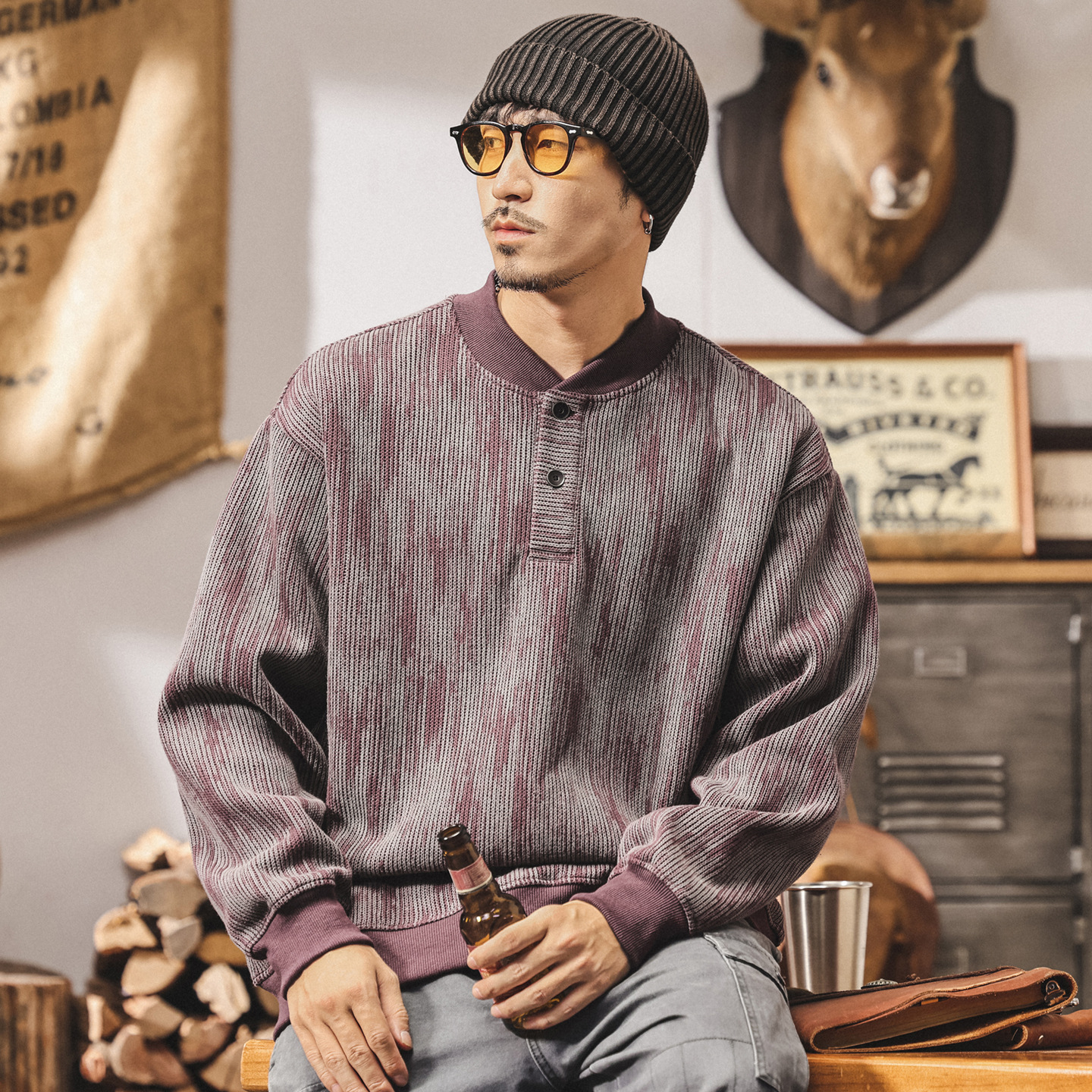 美式復古亨利領重磅衛衣男春秋新款潮牌寬鬆大碼潮流紫色男士上衣