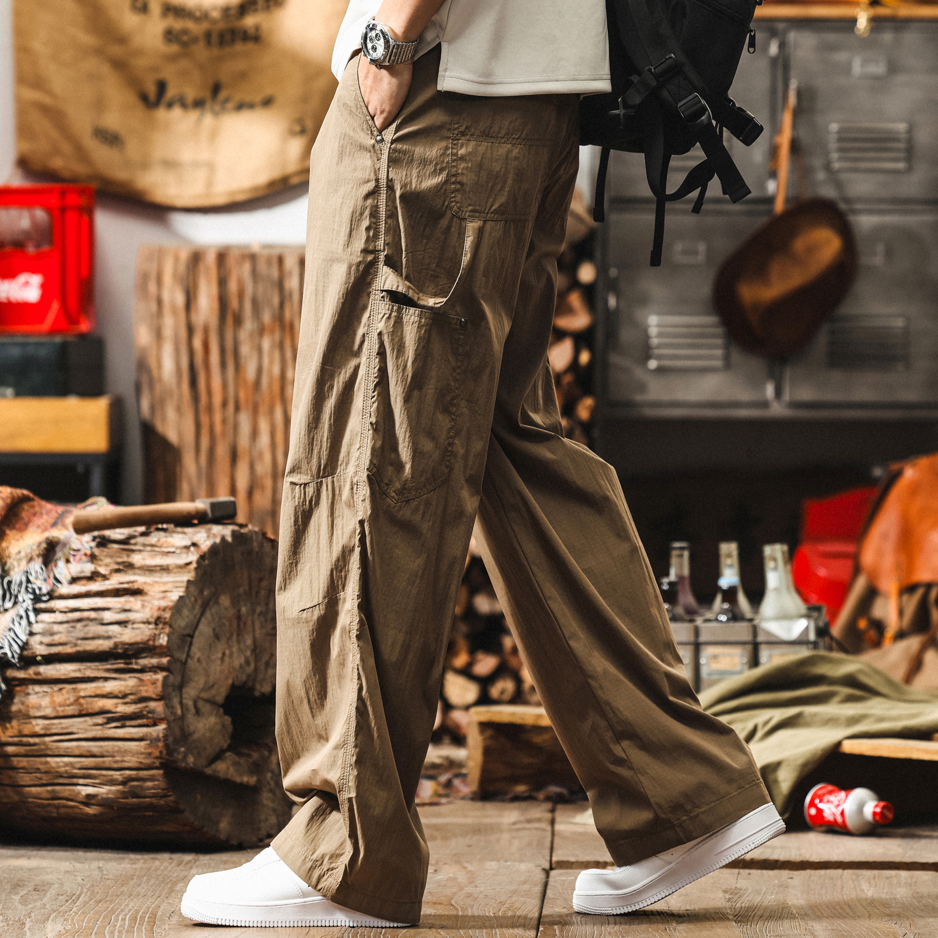夏季薄款卡其色工裝褲子男直筒2025新款美式復古寬鬆闊腿休閒褲男