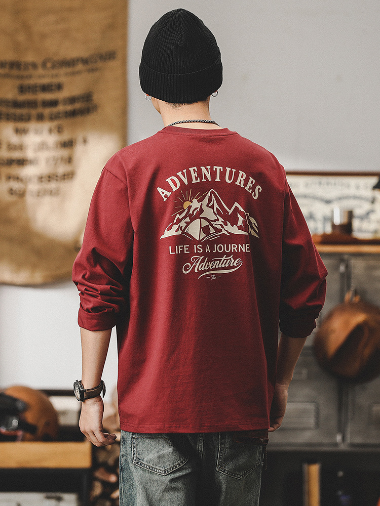 春季新款260g重磅T恤男長袖戶外山系印花2024年潮牌男士上衣