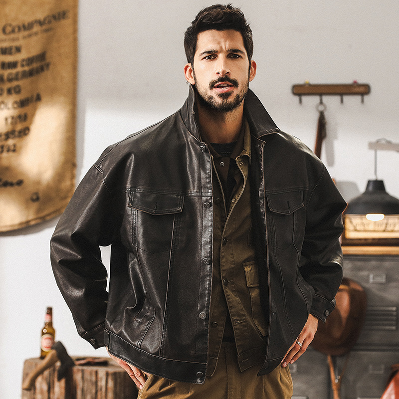 美式復古機車皮衣外套男春秋2025新款阿美咔嘰硬漢獵裝皮夾克春季