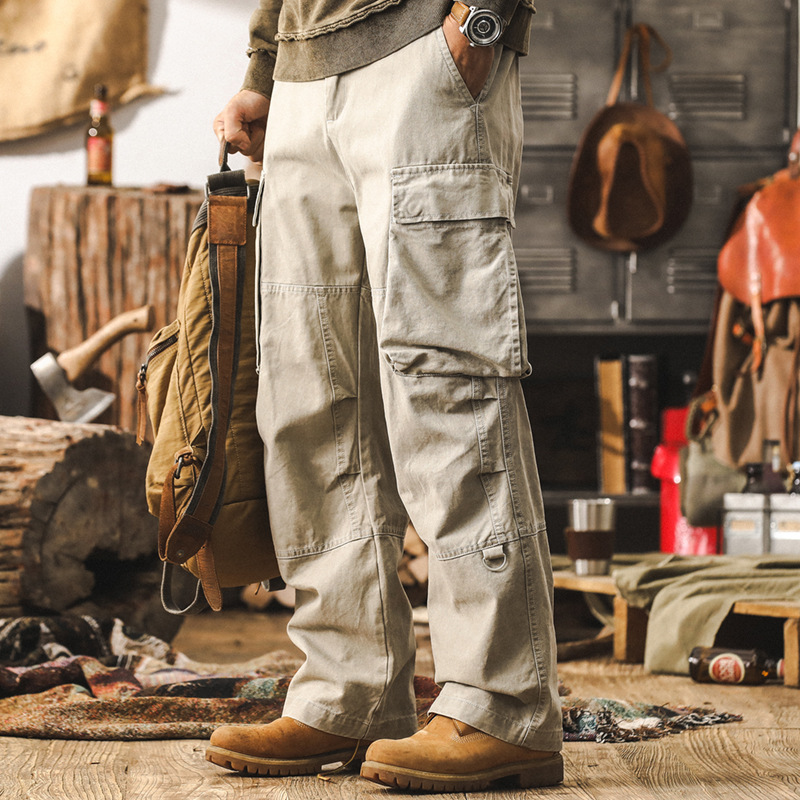 美式復古水洗做舊大口袋工裝褲男秋季潮牌寬鬆直筒男士闊腿休閒褲